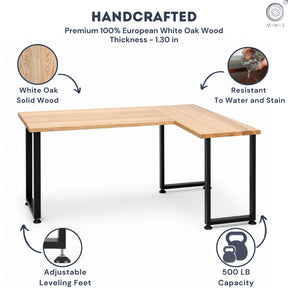 White oak L-shaped desk with white background and product features highlighted.