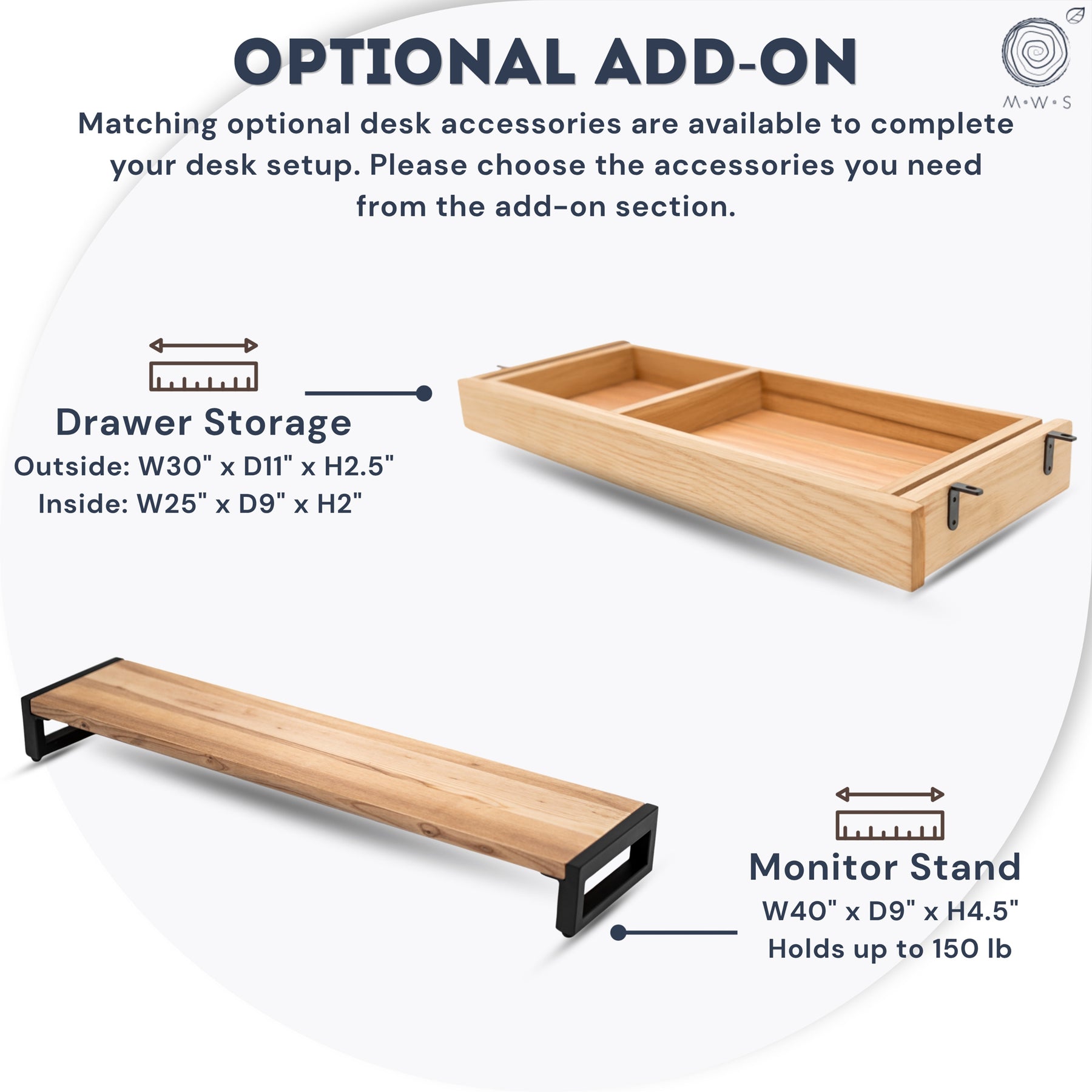 White oak computer desk with wooden drawer storage and monitor stand with dimensions on a white background