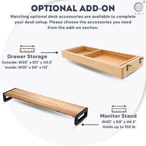 White oak computer desk with wooden drawer storage and monitor stand with dimensions on a white background