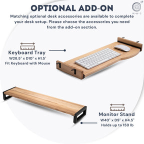 Wooden keyboard tray and monitor stand with dimensions on a white background