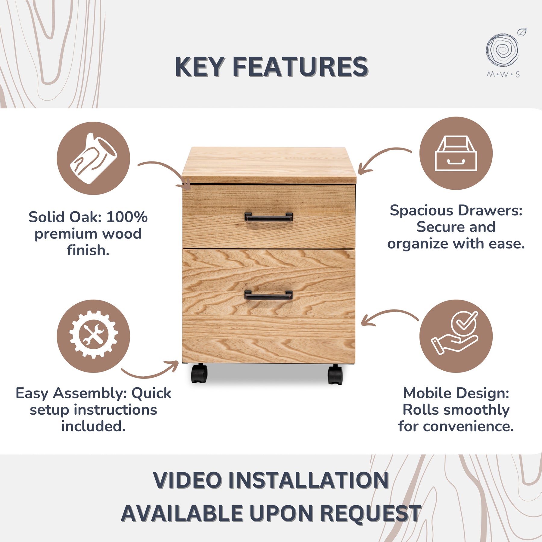 2 Drawer Filing Cabinet - Oak Wood - Modern Wood Style