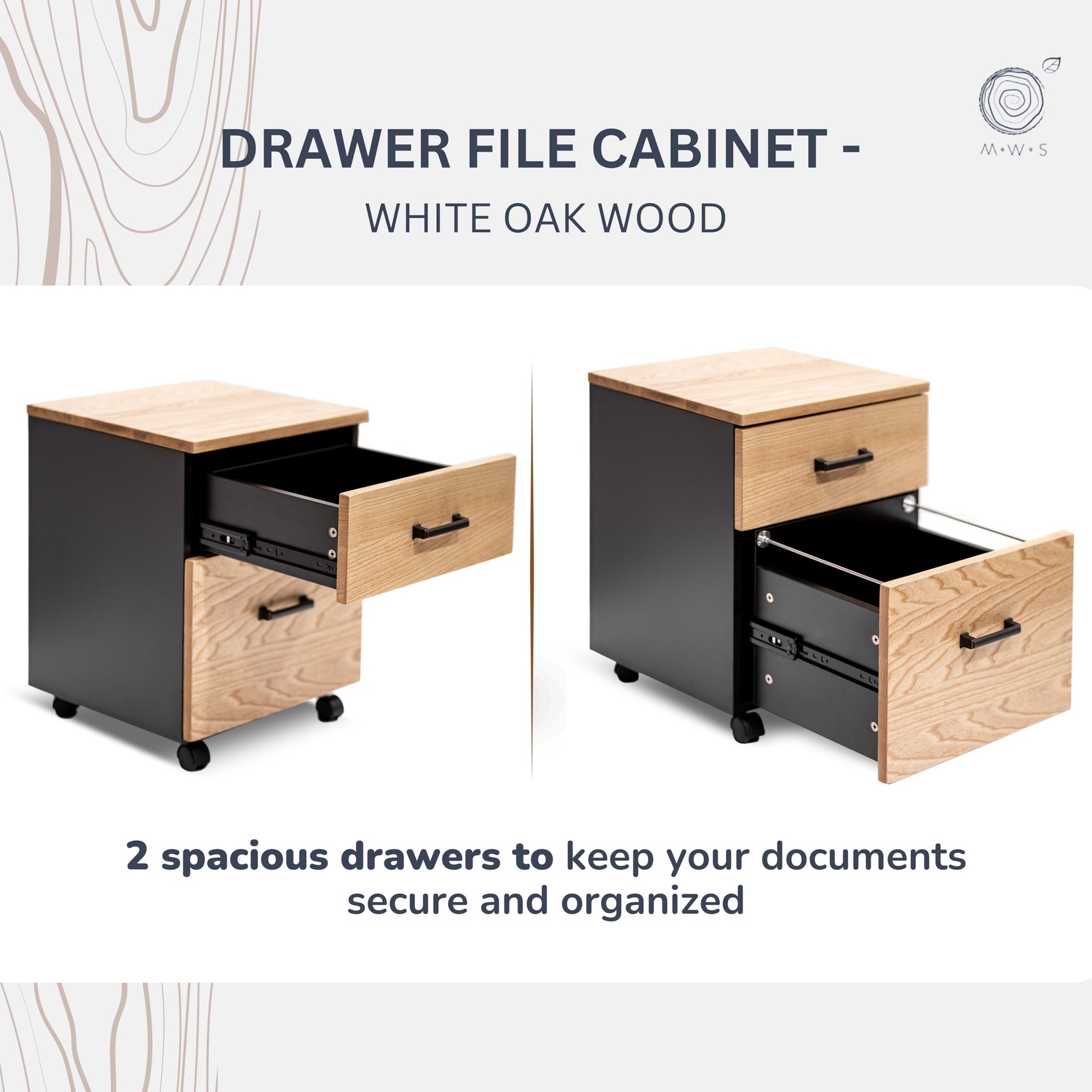 2 Drawer Filing Cabinet - Oak Wood - Modern Wood Style