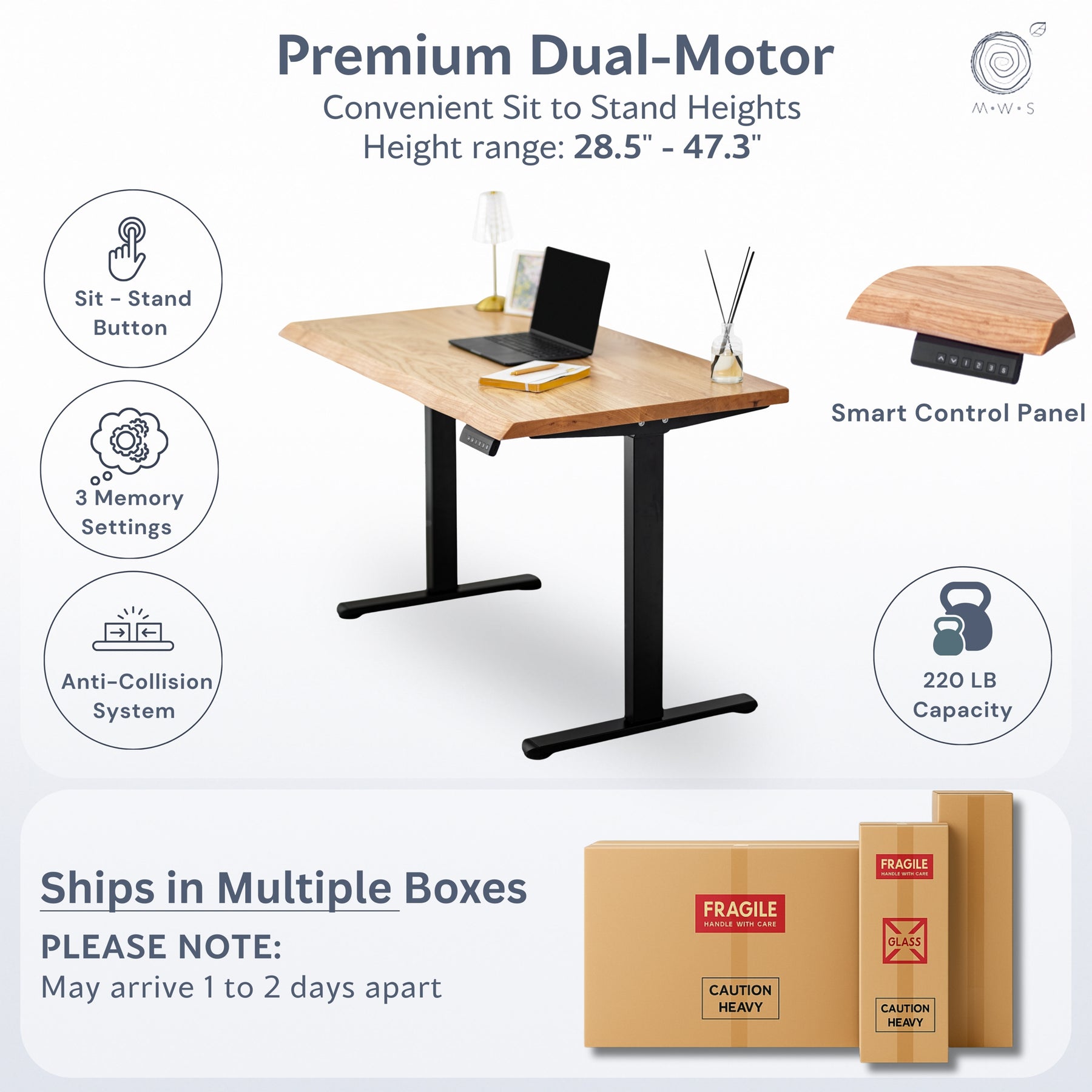 Standing Desk with Keyboard Tray - Live Edge White Oak Solid Wood - Modern Wood Style