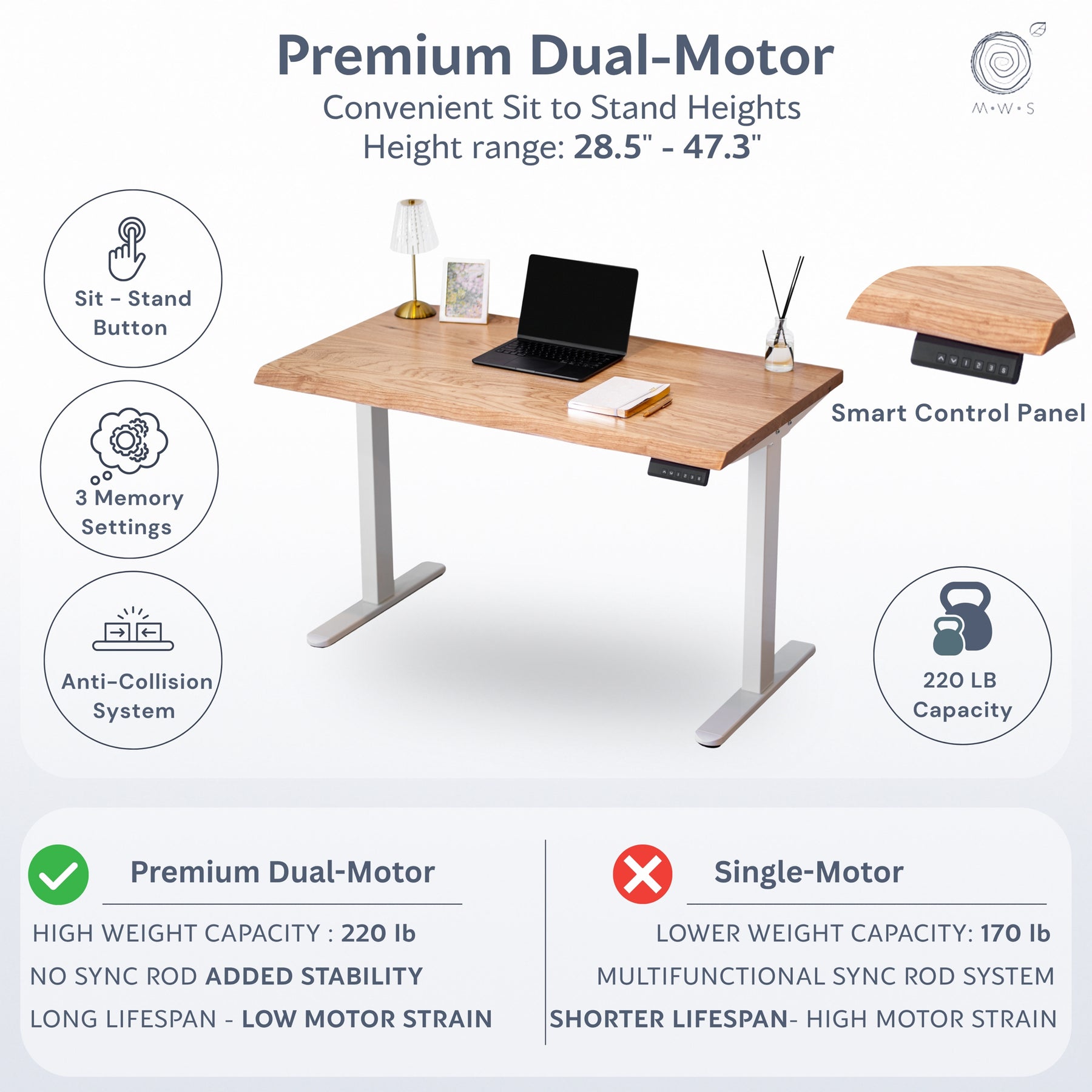 Standing Desk with Keyboard Tray - Live Edge Ash Solid Wood - Modern Wood Style