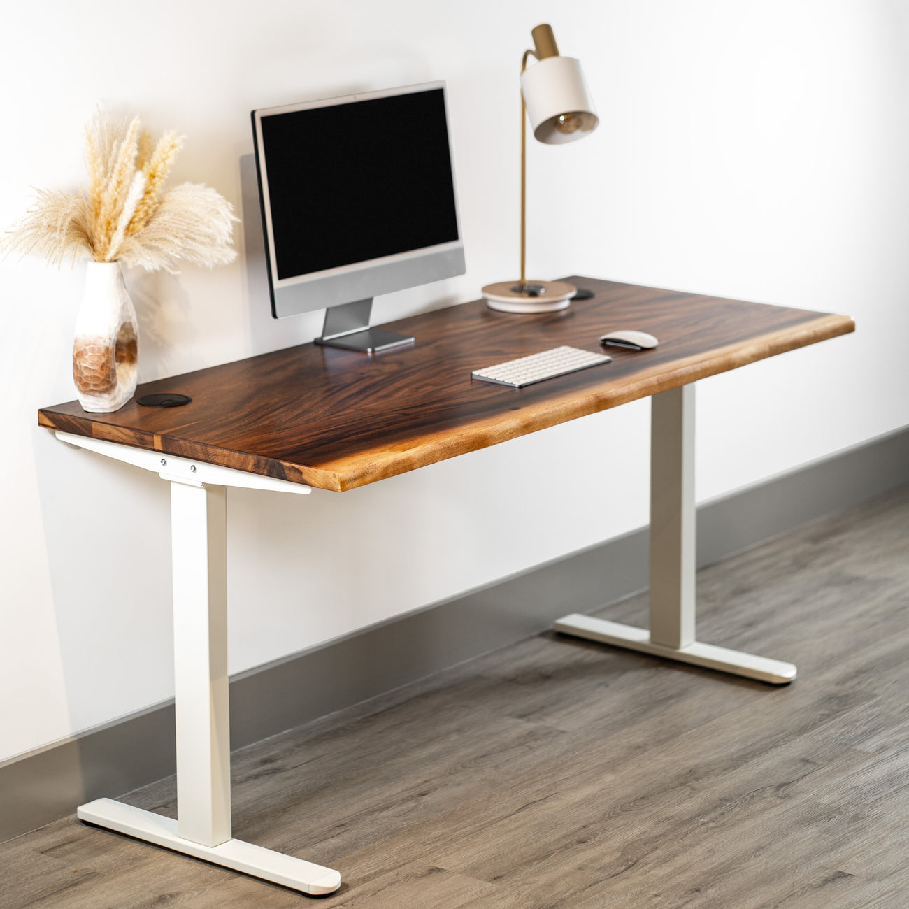 Premium d3 Dual Motor White Standing Desk with Walnut Solid Wood Desktop
