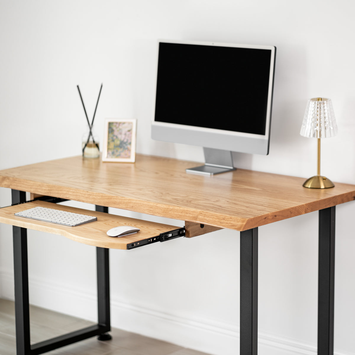 Computer Desk with Keyboard Tray - Live Edge White Oak Solid Wood - Modern Wood Style