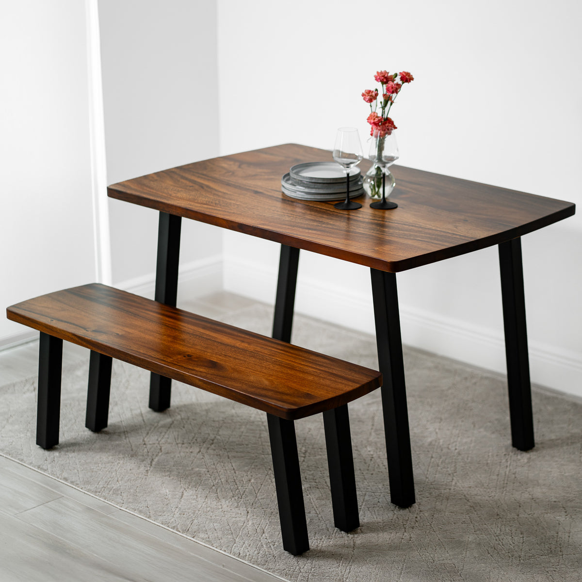 Walnut Dining Table Set for 4 with Bench | Modern Wood Style