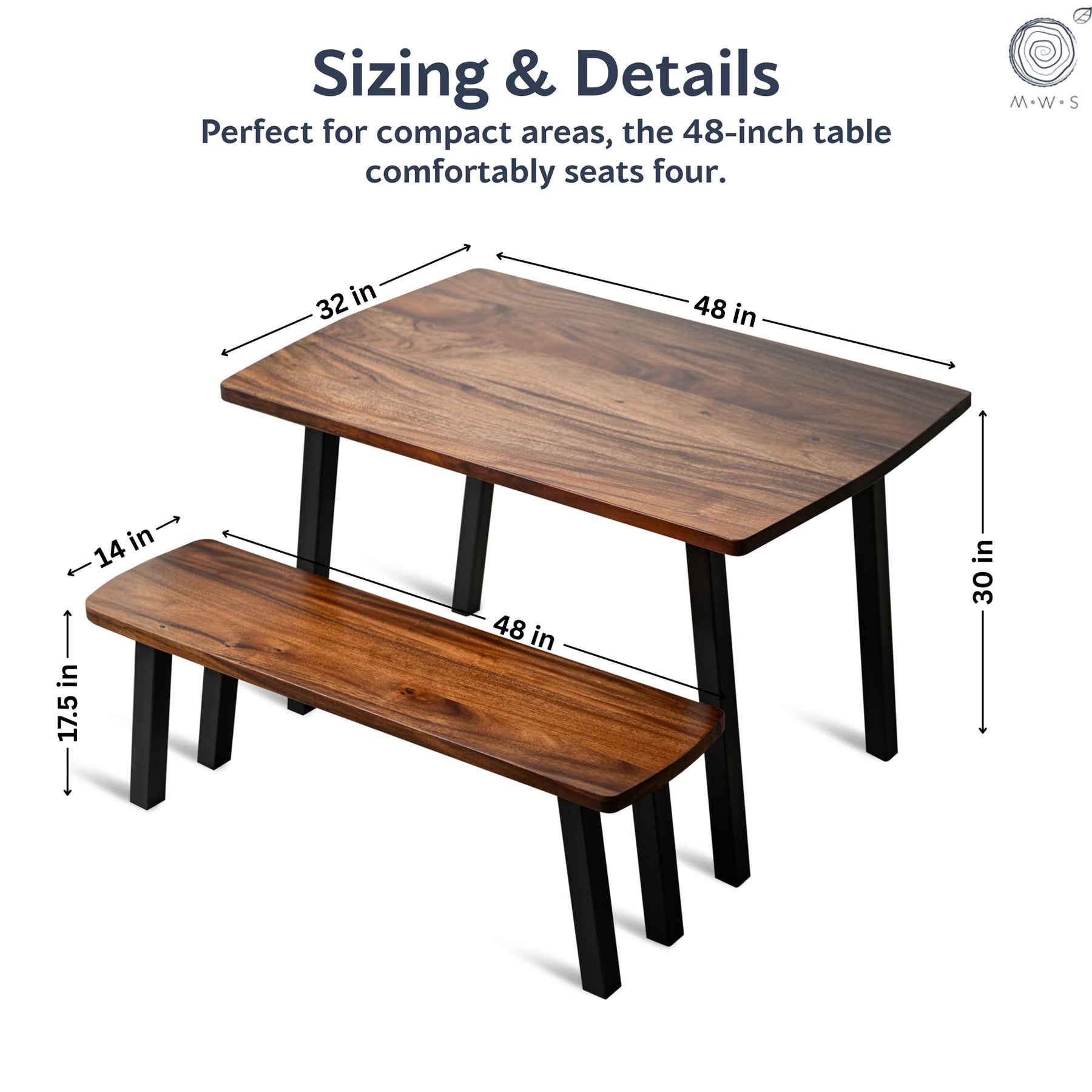 Walnut Dining Table Set for 4 with Bench | Modern Wood Style