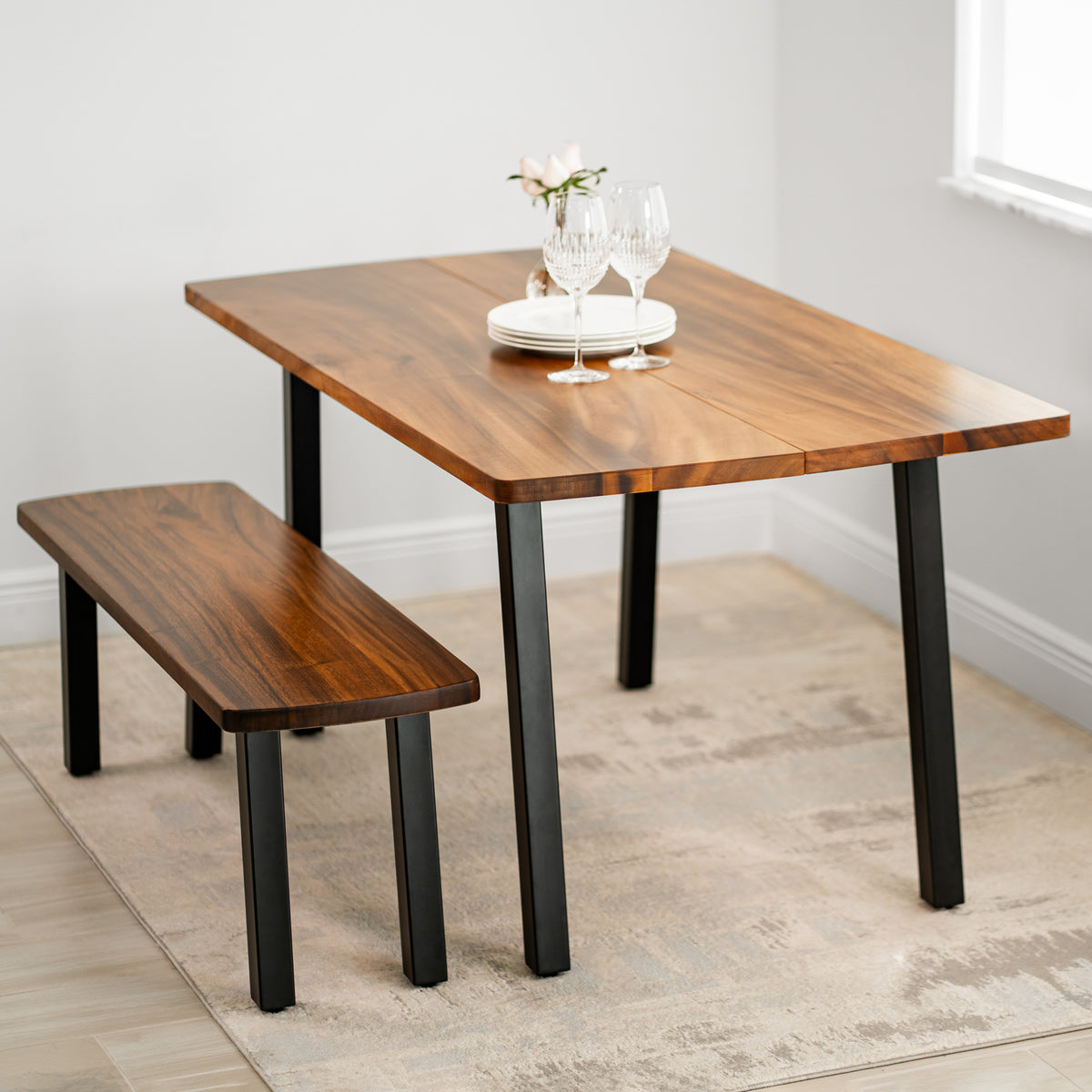 Walnut Dining Table Set for 6 with Bench | Modern Wood Style