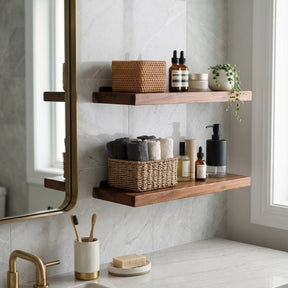 Bathroom floating shelves with toiletries and decor against a marble wall.