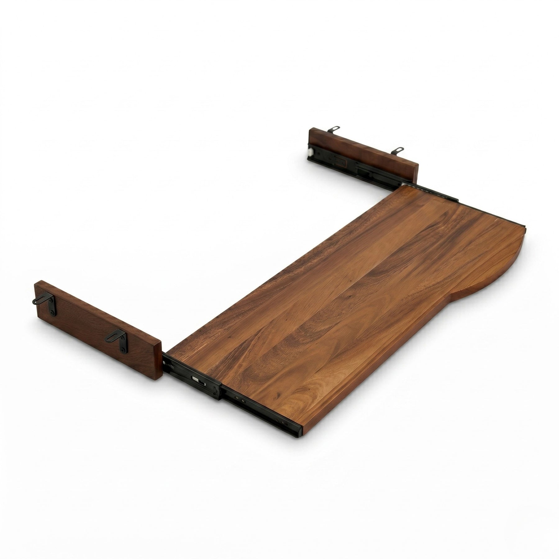 A walnut keyboard tray with a medium brown wood grain finish and black metal hardware, shown partially extended on a white background.