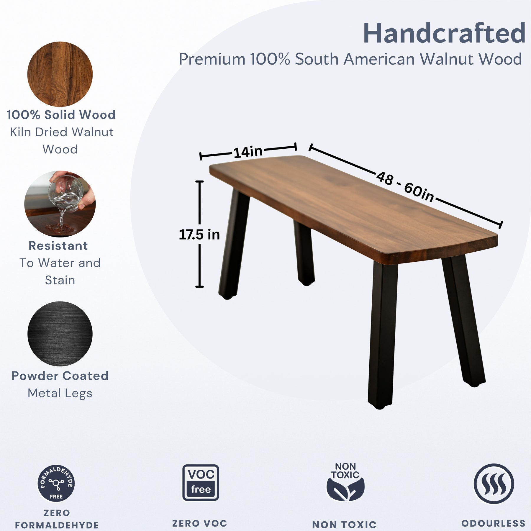 Wooden table bench with dimensions and material information on a white background