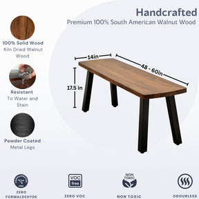 Wooden table bench with dimensions and material information on a white background