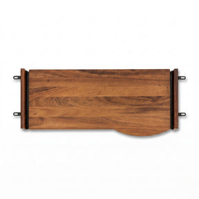 A wooden keyboard tray with a warm medium-brown wood grain finish and a curved cutout on one end, shown on a plain white background.