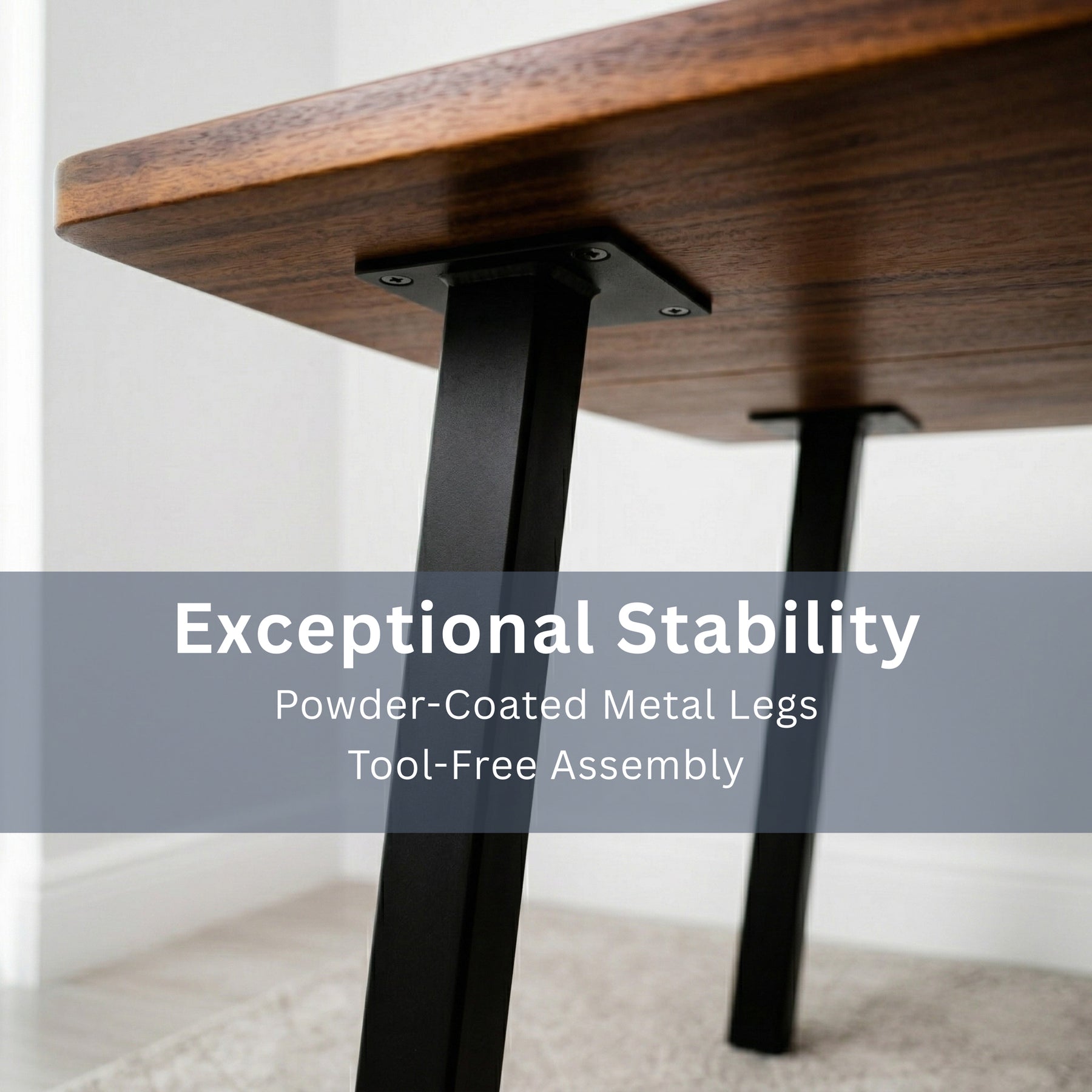 walnut table with black metal legs on a light background, emphasizing stability features.